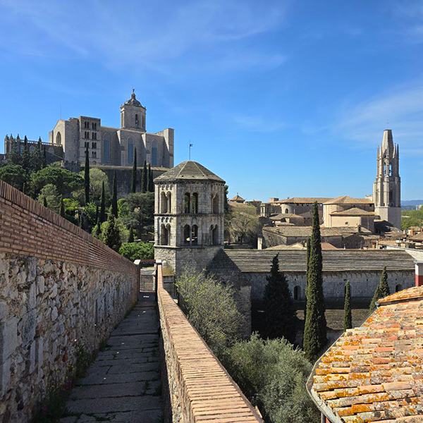 Panoramic medieval view of Girona with city walls